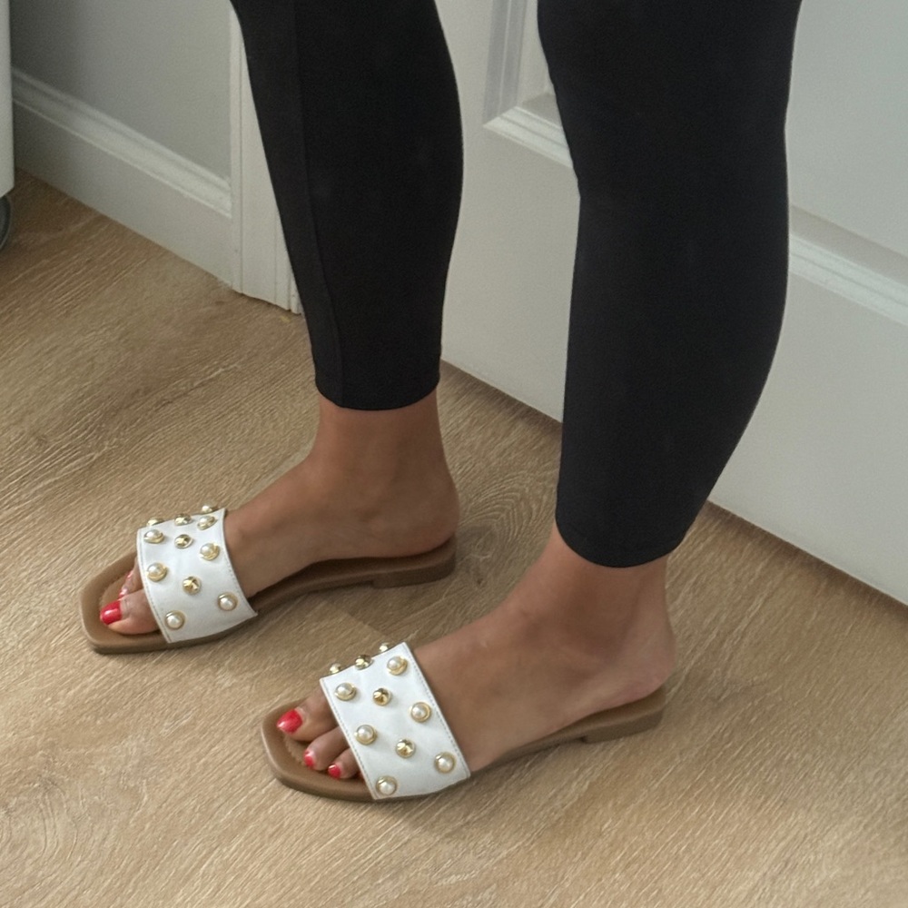 White and Gold Studded Women's Slide Sandals